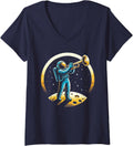 Women's Cool Astronaut Playing Trumpet for Space and Music Lovers V-Neck T-Shirt - Navy Blue