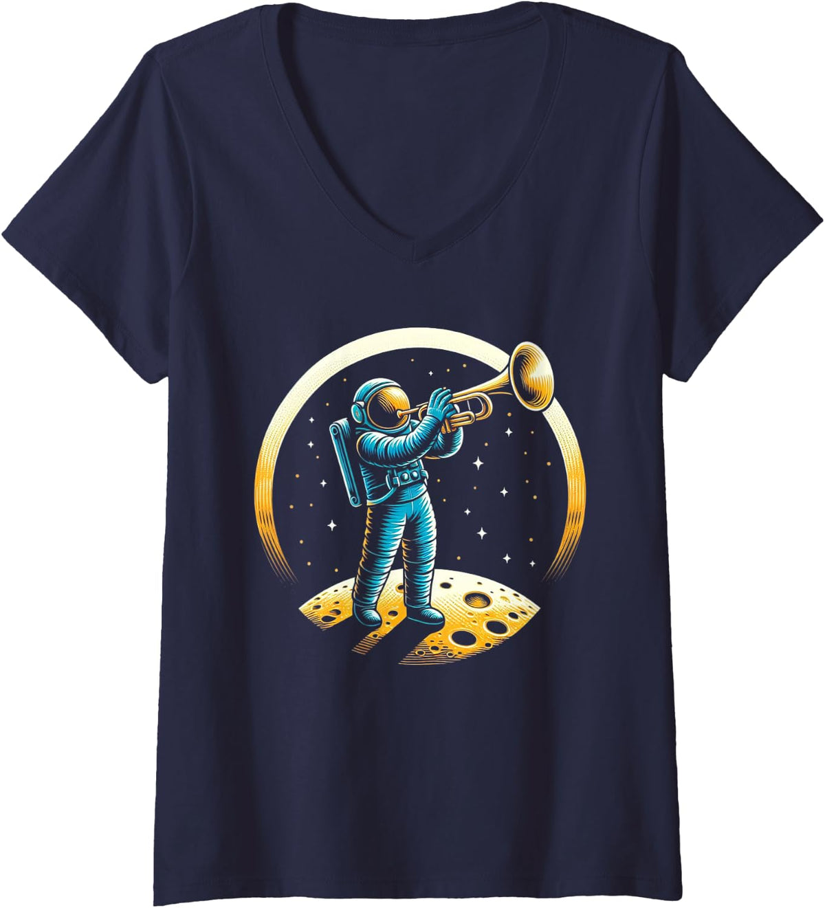 Women's Cool Astronaut Playing Trumpet for Space and Music Lovers V-Neck T-Shirt - Navy Blue