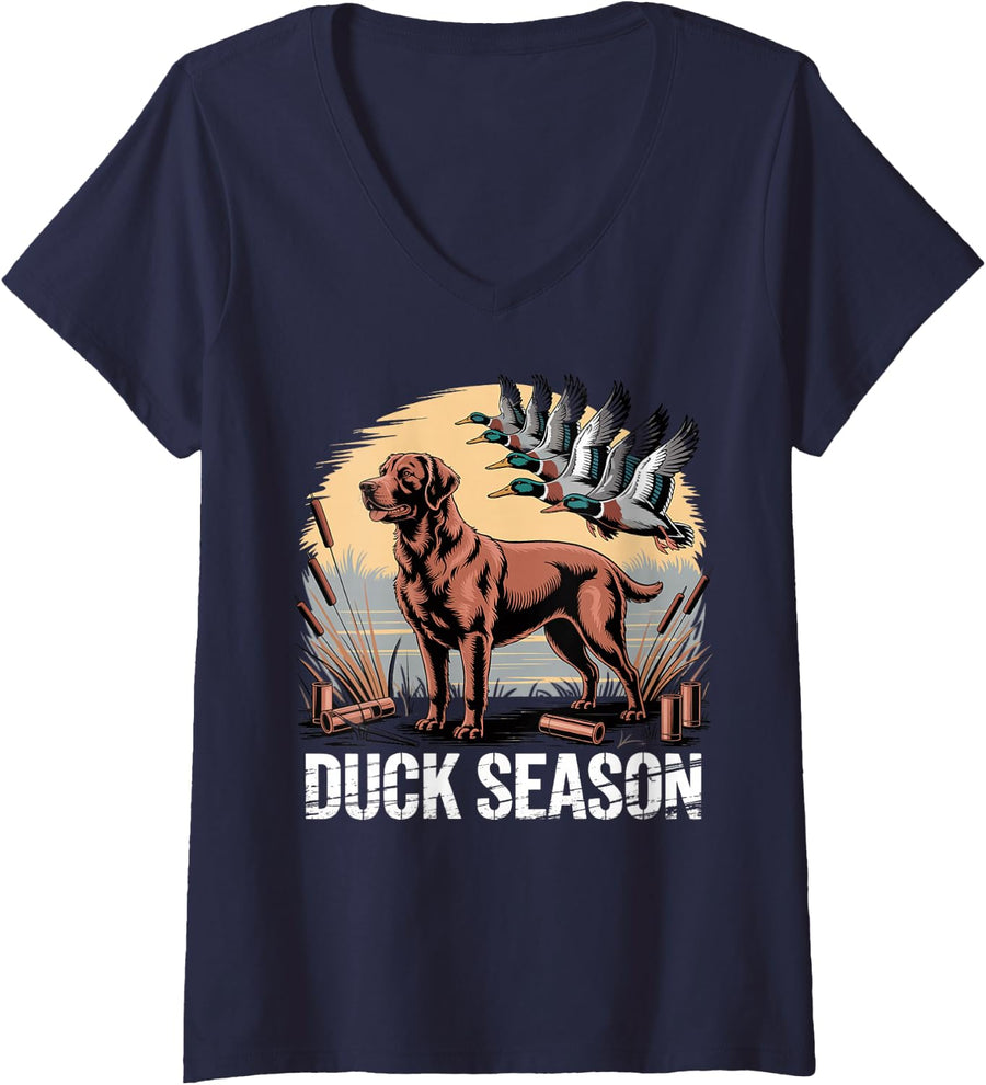 Women's Duck Season Labrador Retriever Waterfowl Hunter V-Neck T-Shirt - Navy Blue