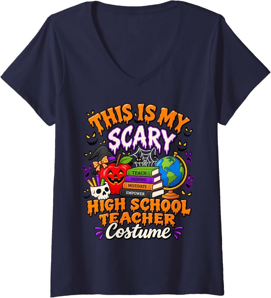 Women's Funny This is My Scary High School Teacher Costume Halloween V-Neck T-Shirt - Navy Blue