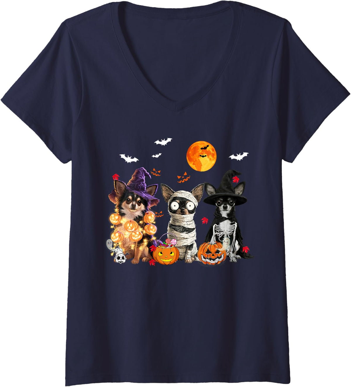 Women's Spooky Ghost Chihuahua Pumpkin Halloween Doodle Dog Lover V-Neck T-Shirt - Navy Blue