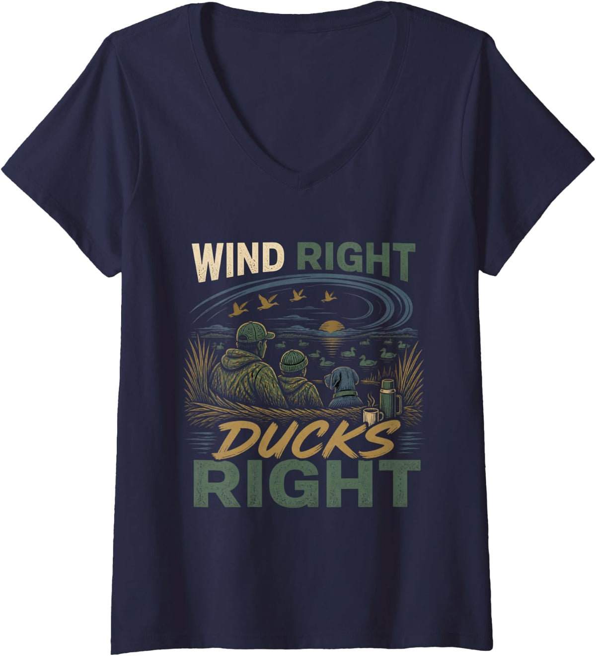 Women's Wind Right Ducks Right Waterfowl Hunting Duck Hunter V-Neck T-Shirt - Navy Blue