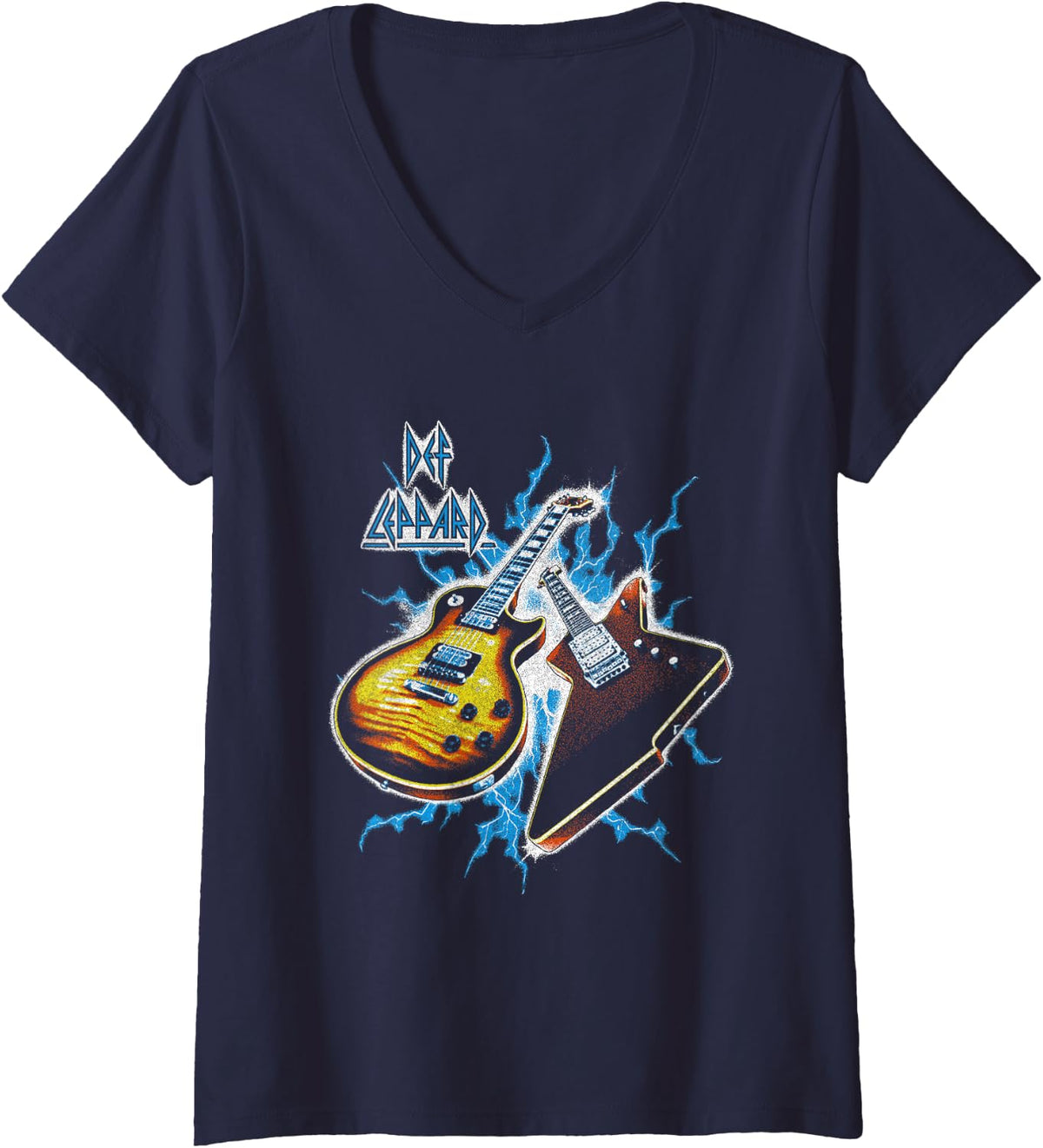 Womens Official Def Leppard Amazon Exclusive Guitar Tour 2025 V-Neck T-Shirt - Navy Blue