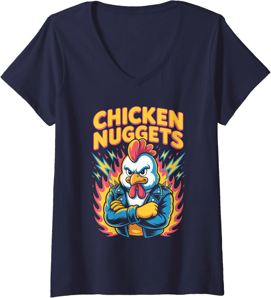 Women's Heavy Rock Chicken Nuggets V-Neck T-Shirt - Navy Blue
