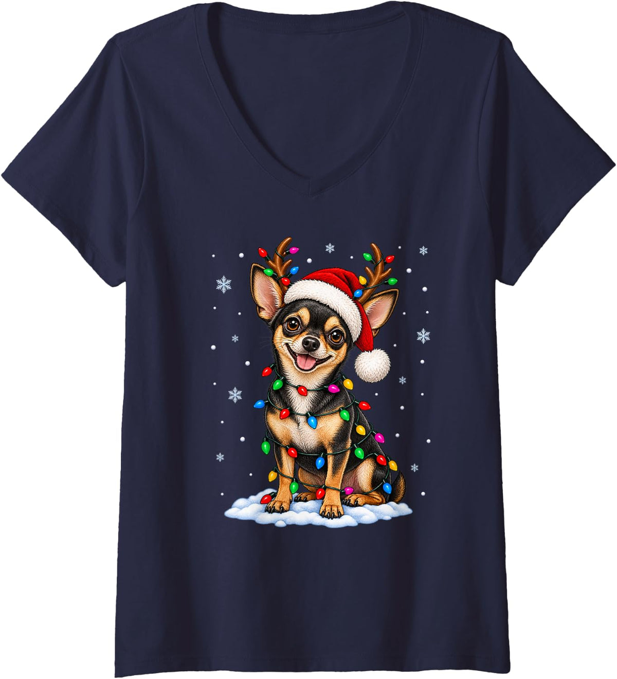 Women's Chihuahua Dog Christmas Lights Santa Reindeer Xmas Pet Dog V-Neck T-Shirt - Navy Blue