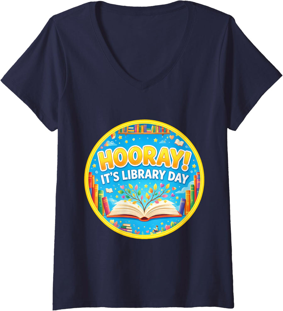 Women's Hooray It's Library Day Reading Book Lover School Librarian V-Neck T-Shirt - Navy Blue