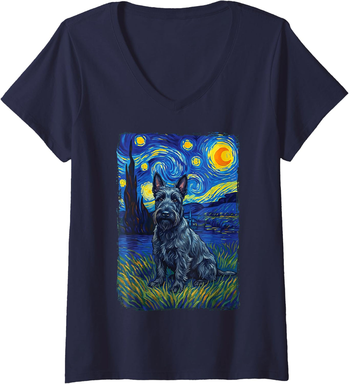 Women's Scottish Terrier Starry Night V-Neck T-Shirt - Navy Blue