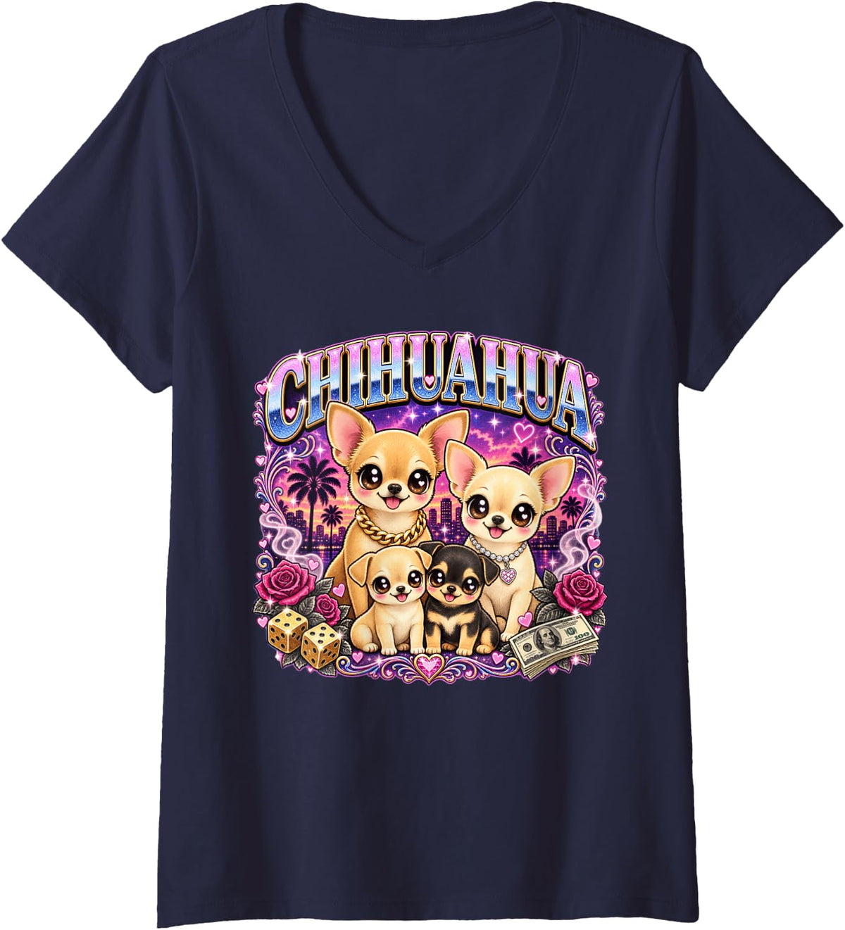 Women's Cute Funny Chihuahua Dog Family Kawaii Manga Style V-Neck T-Shirt - Navy Blue
