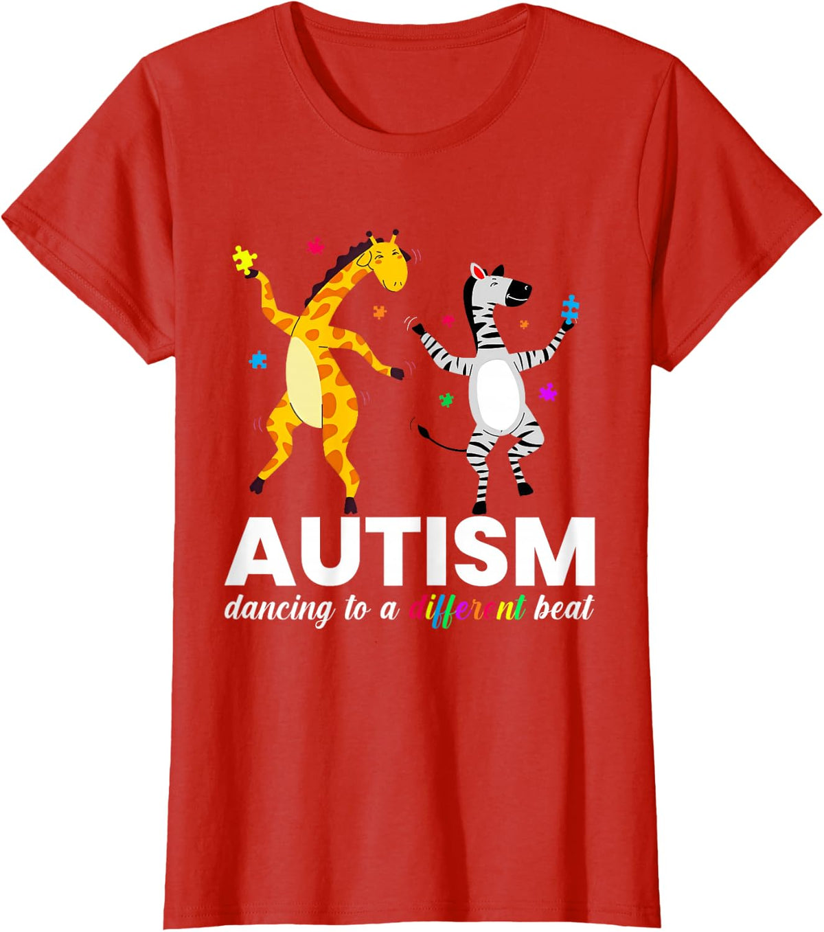 Autism Dancing To A Different Beat Funny Zebra Giraffe T-Shirt - Red
