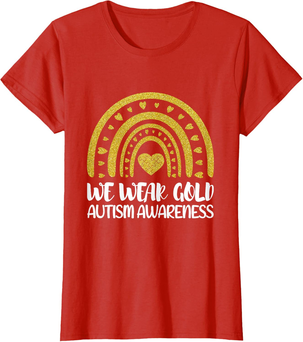 We Wear Gold For Autism Awareness Month T-Shirt Autistic Rainbow Tee For Kids Men Women - Red