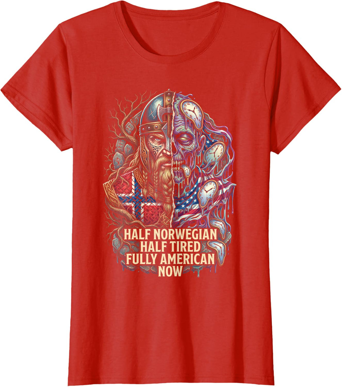 Half Norwegian Fully American Funny Wild Art T-Shirt - Red