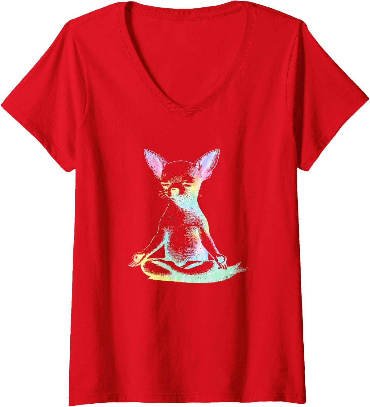 Women's Chihuahua Yoga Tie Dye Sweater, Lotus Dog Meditation Dog Mom V-Neck T-Shirt - Red
