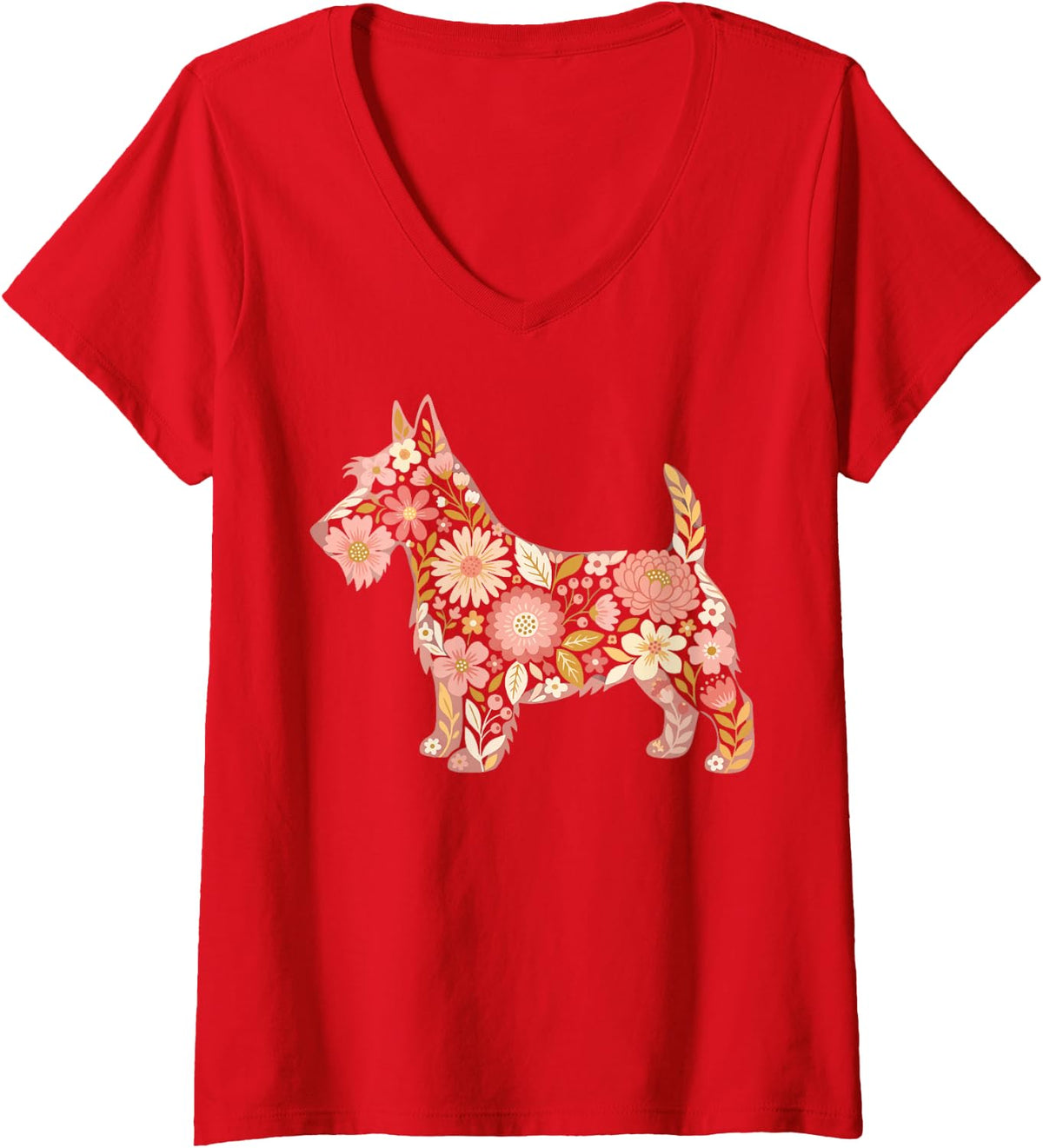 Women's Scottish Terrier Floral V-Neck T-Shirt - Red