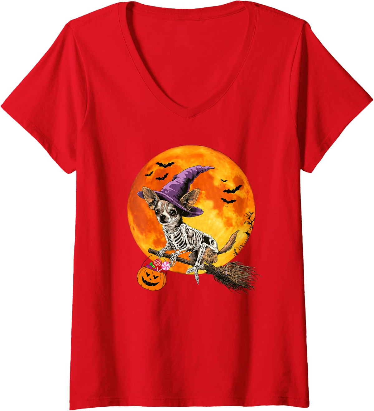 Women's Funny Witch Chihuahua Dog Spooky Fall Halloween V-Neck T-Shirt - Red