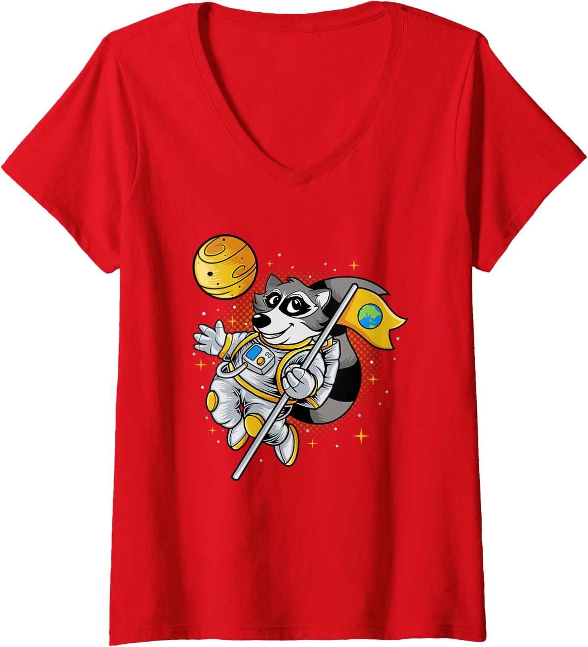 Women's Cute Raccoon Astronaut in Space V-Neck T-Shirt - Red