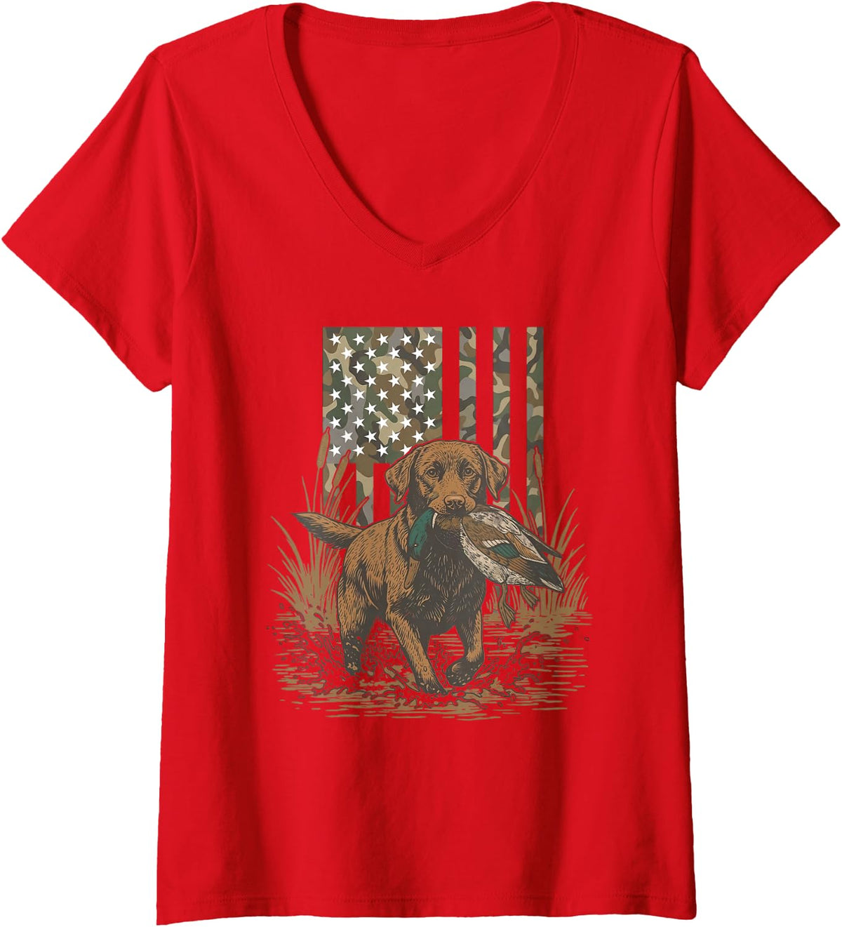 Women's Southern Duck Hunting Dog Lab Mallard Camo American Flag V-Neck T-Shirt - Red
