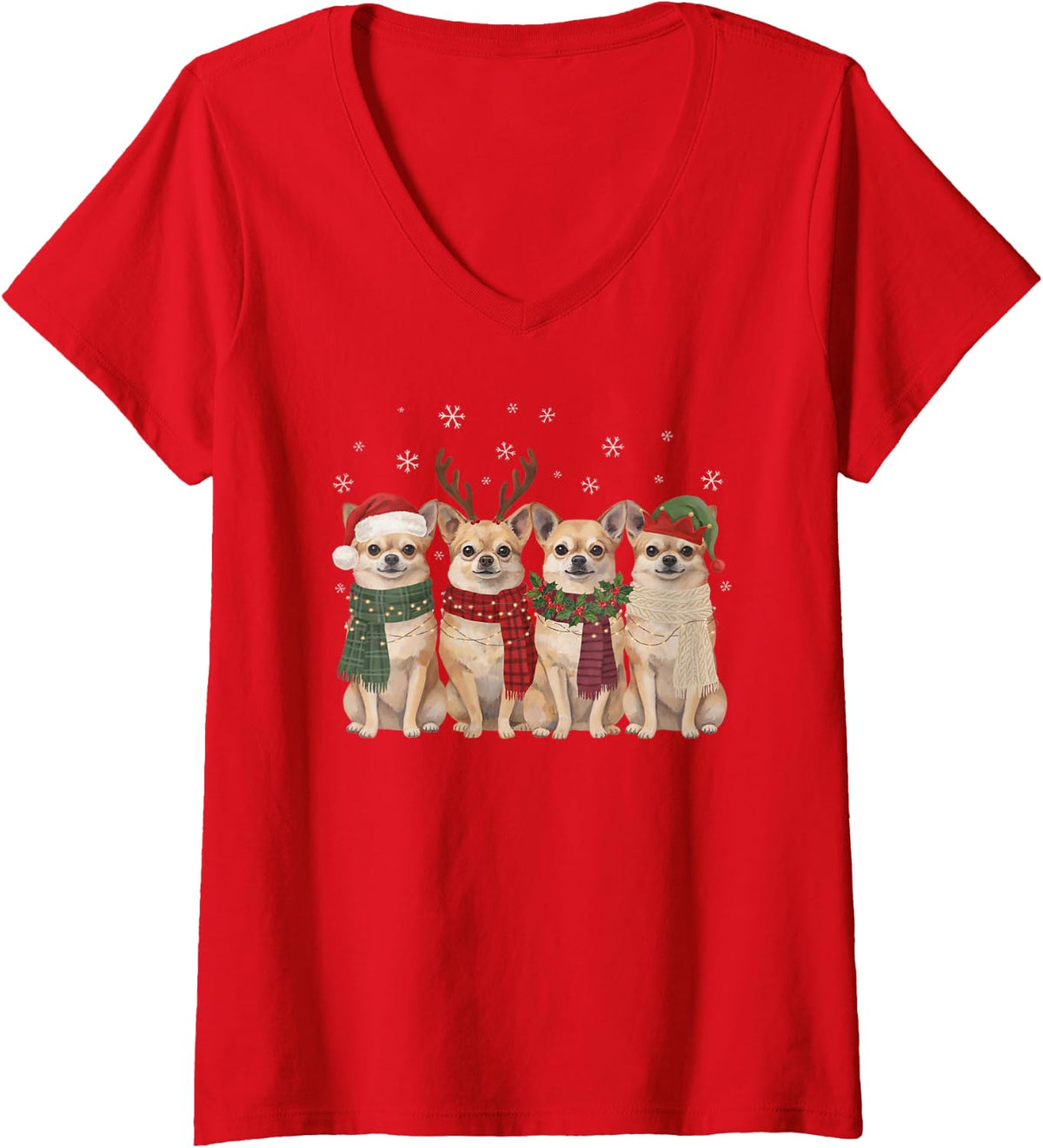 Women's Funny Chihuahua Christmas Friends Scarves Dog Mom Dad Lover V-Neck T-Shirt - Red