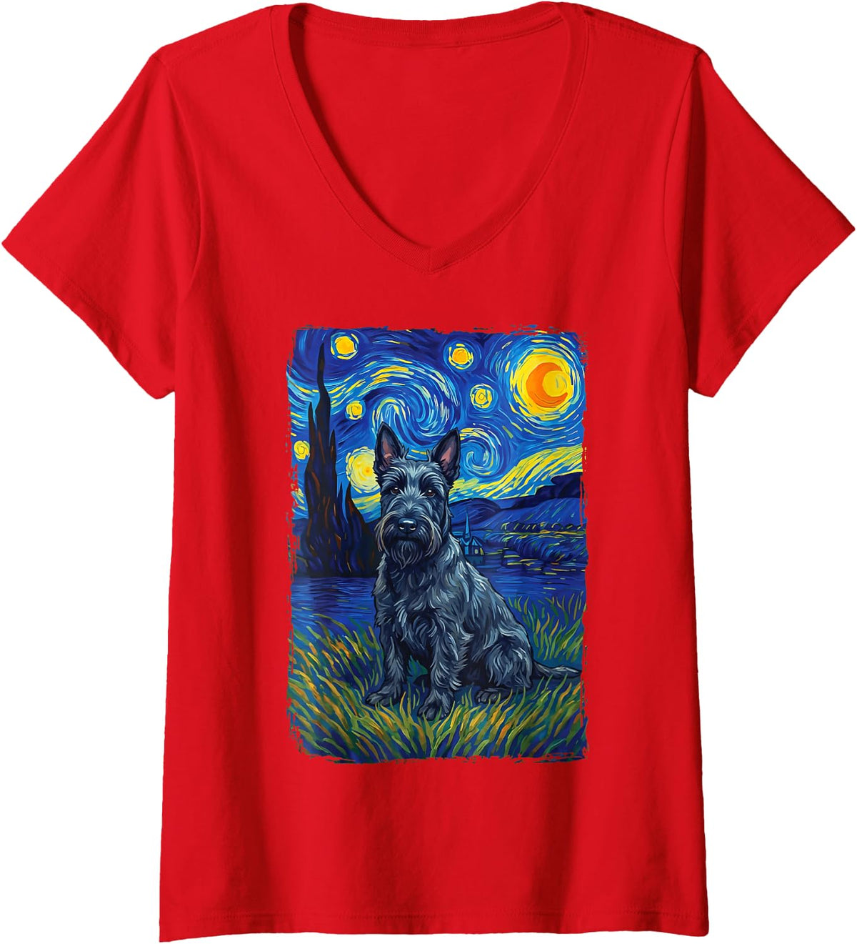 Women's Scottish Terrier Starry Night V-Neck T-Shirt - Red