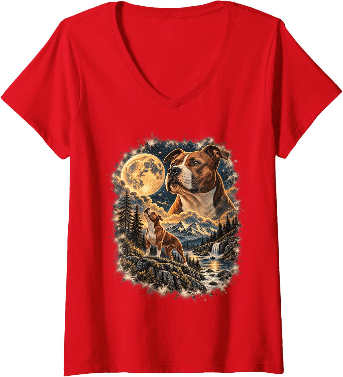 Women's Funny Pitbull Howling to The Moon Vintage Pitbull Owner Gift V-Neck T-Shirt - Red