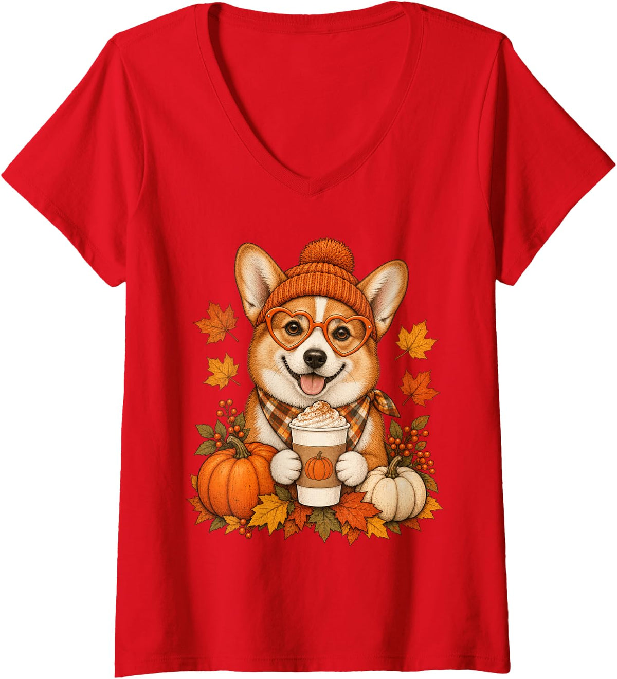 Women's Corgi Fall Autumn Season Pumpkin Spice Dog V-Neck T-Shirt - Red