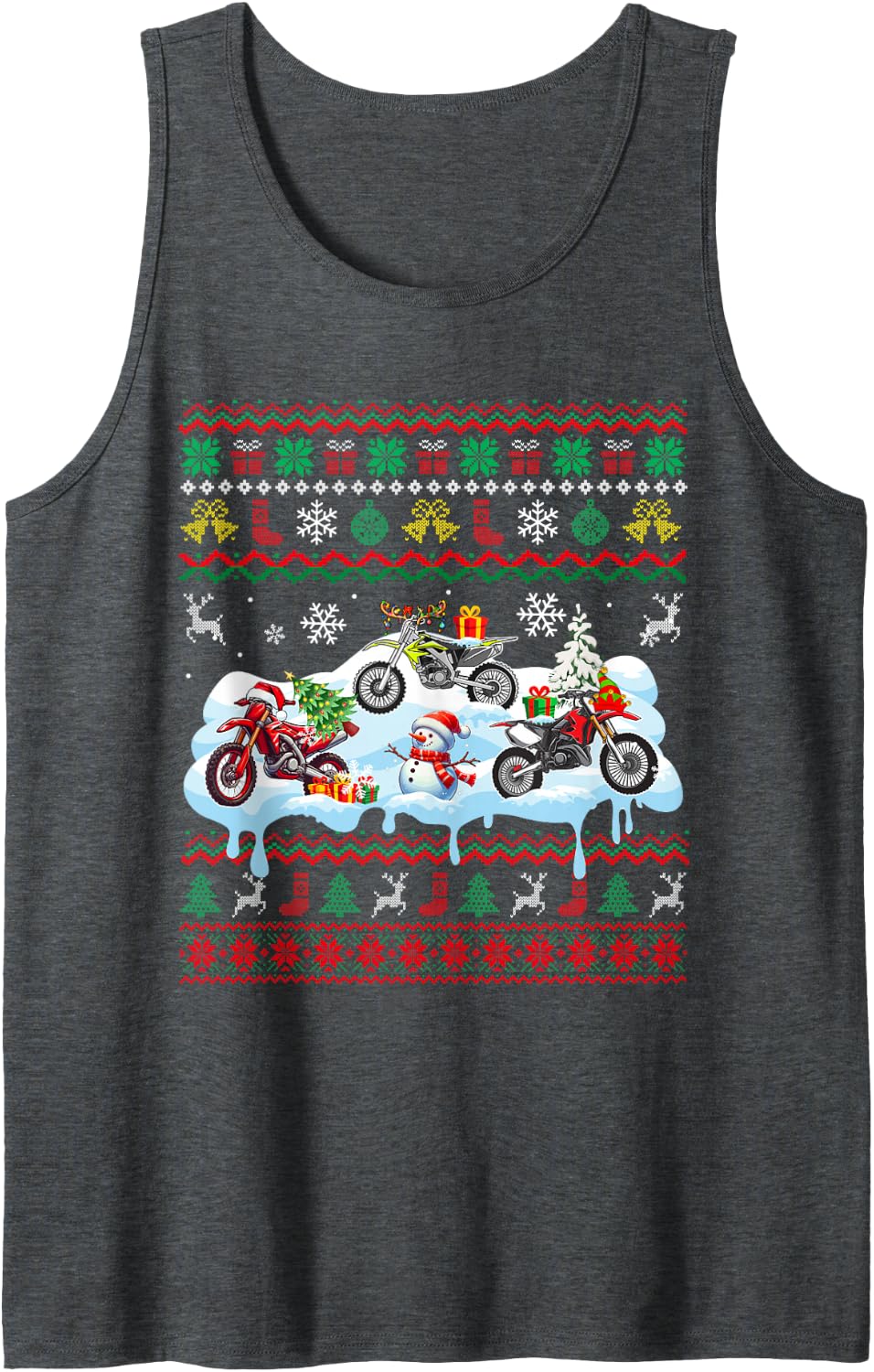 Three Santa Elf Reindeer Dirt Bikes Biker Xmas Tree Sweater Sleeveless Tank Top - Dark Heather Grey