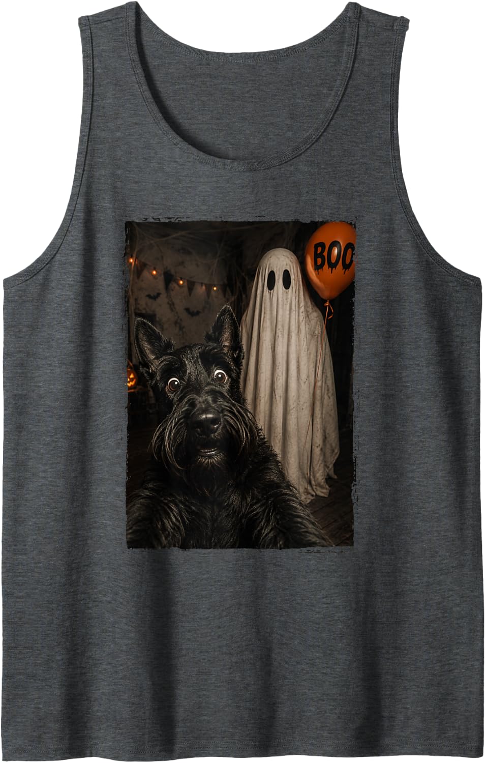 Funny Scottish Terrier Halloween Selfie Ghost Boo Balloon Sleeveless Tank Top - Dark Heather Grey