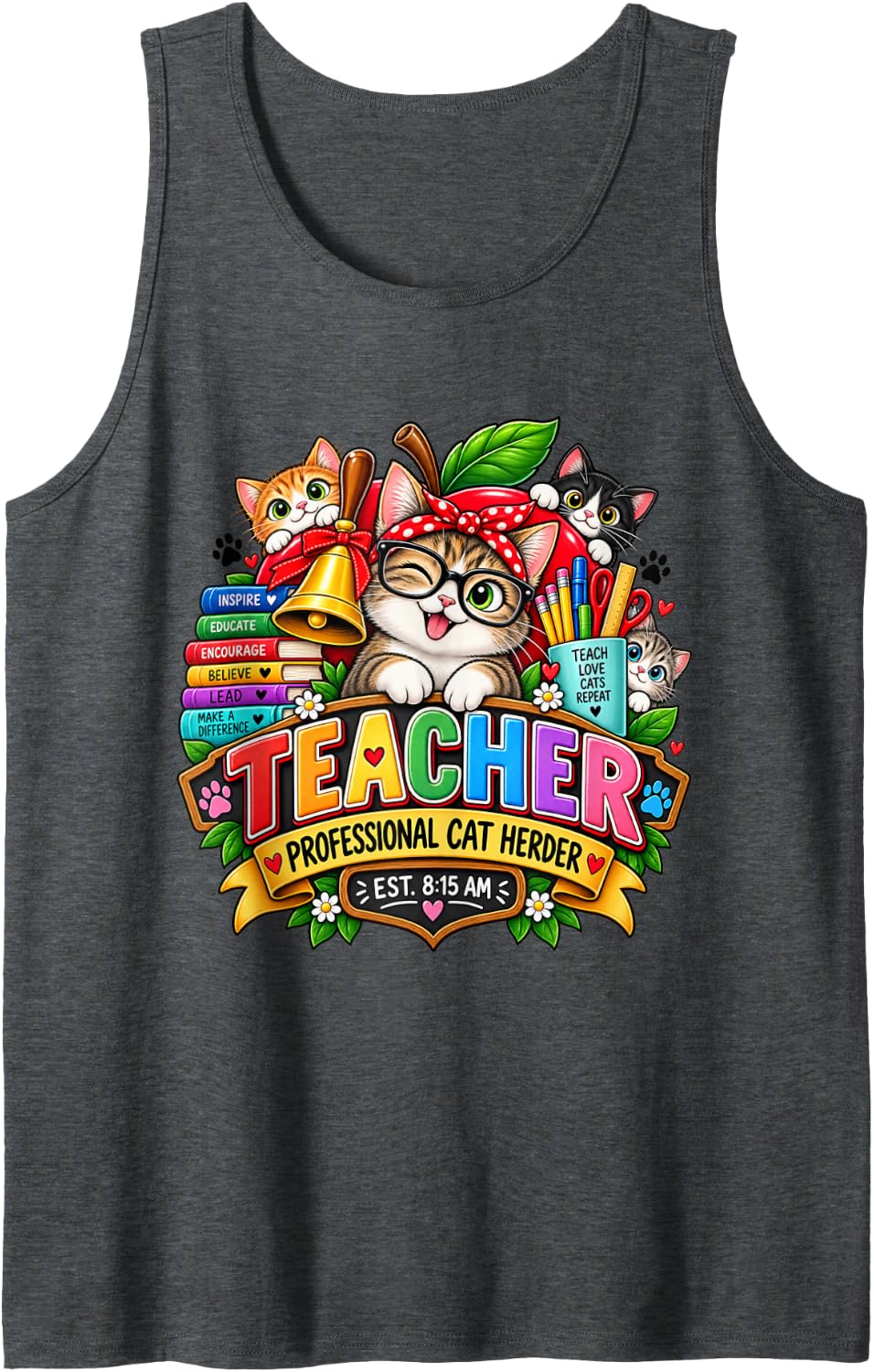 Teacher Professional Cat Herder Funny Educator Humor Sleeveless Tank Top - Dark Heather Grey