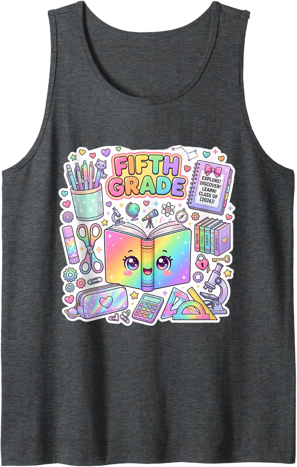 Cute Book 5th Fifth Grade Back to School Girl Teacher Class Tank Top - Dark Heather Grey