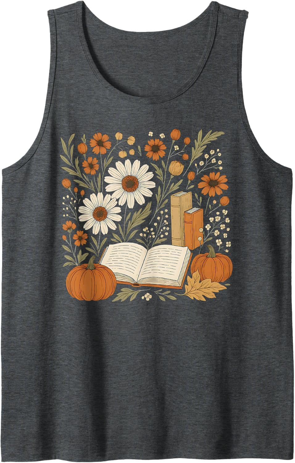 Reading Book Pumpkin Wildflower Fall Reader Bookish Autumn Sleeveless Tank Top - Dark Heather Grey