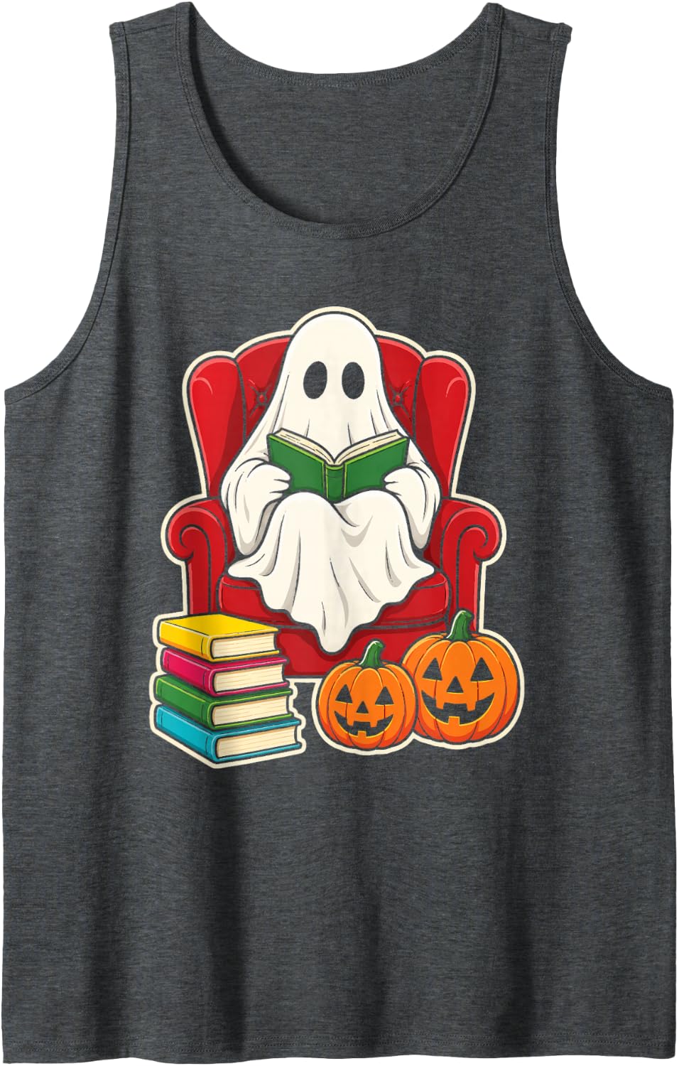 Teacher Halloween Ghost Reading Books Elementary School Sleeveless Tank Top - Dark Heather Grey