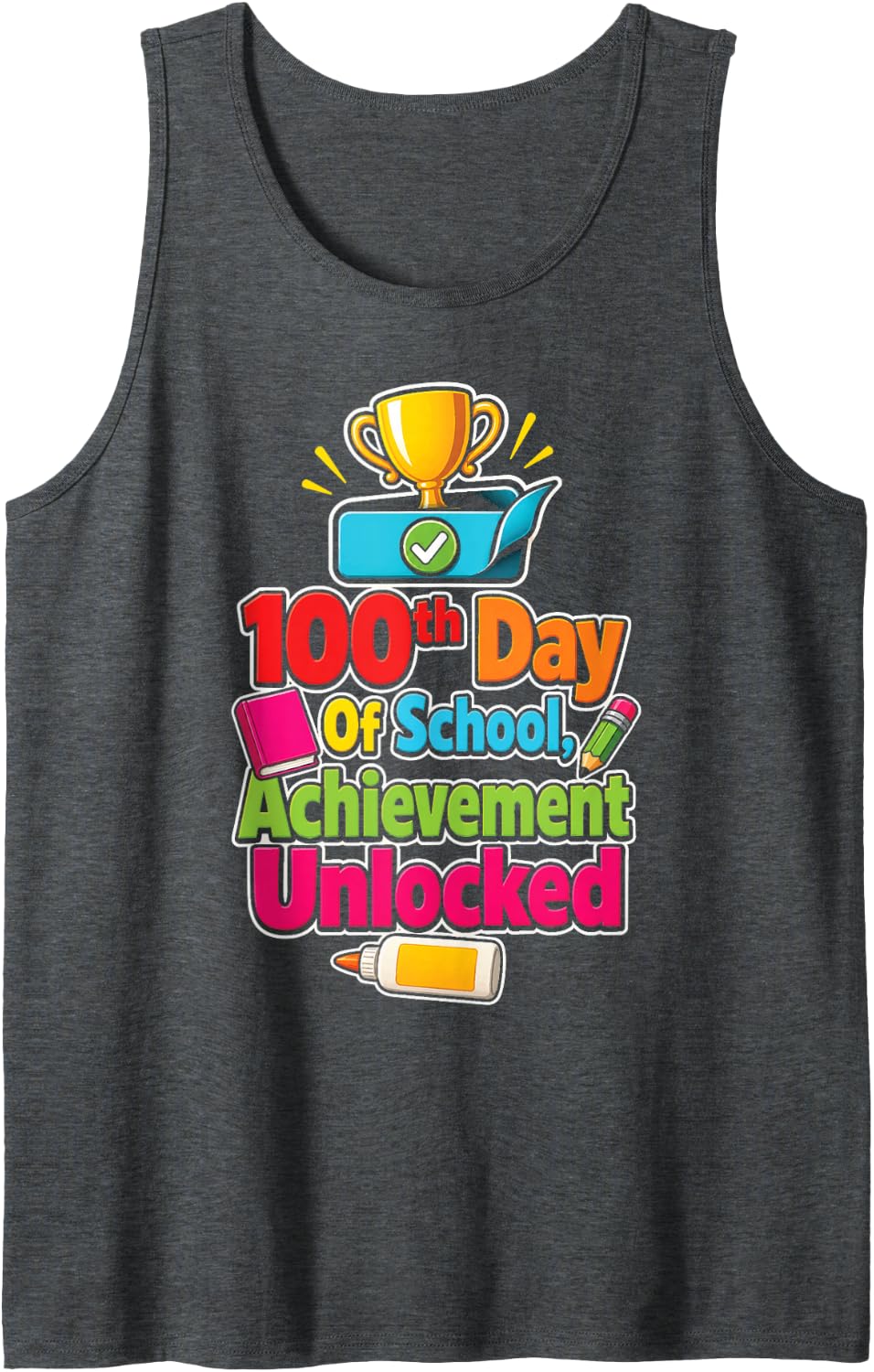 100th Day of School Achievement Unlocked Elementary Kids Sleeveless Tank Top - Dark Heather Grey