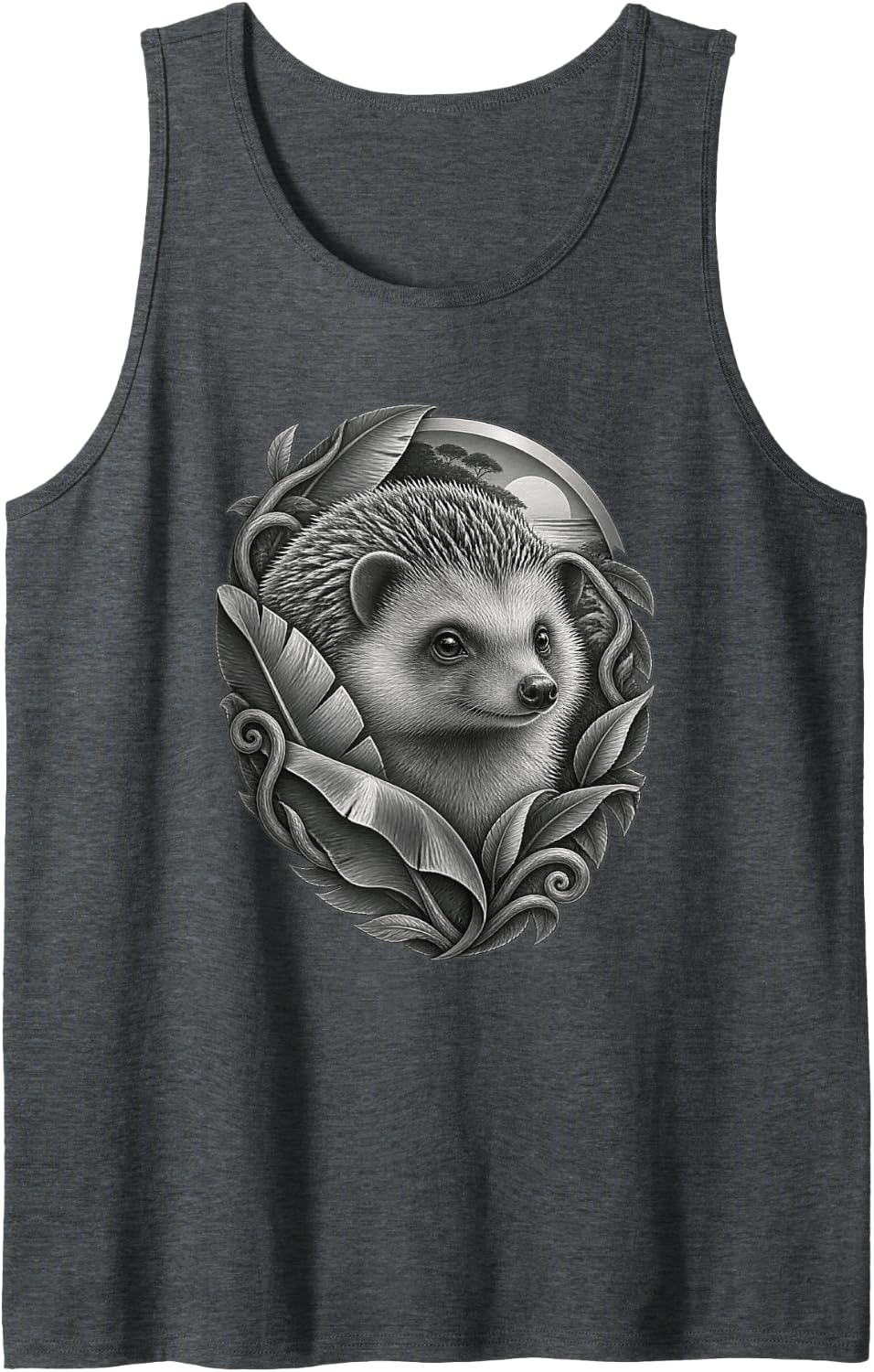 Hedgehog with Botanical Leaves and Circular Landscape Sleeveless Tank Top - Dark Heather Grey