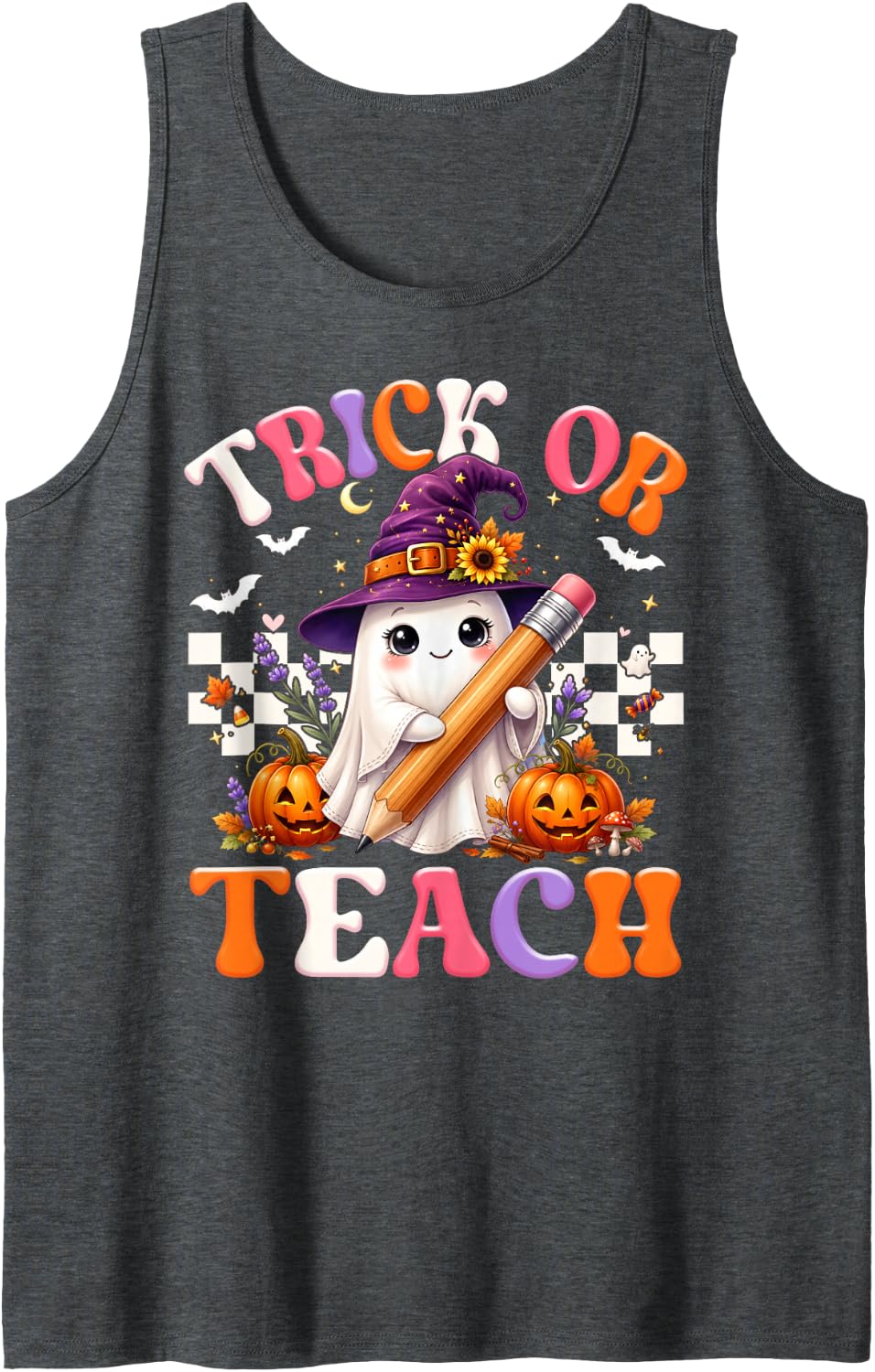 Trick Or Teach Groovy Teacher Ghost Floral Halloween Costume Sleeveless Tank Top - Dark Heather Grey