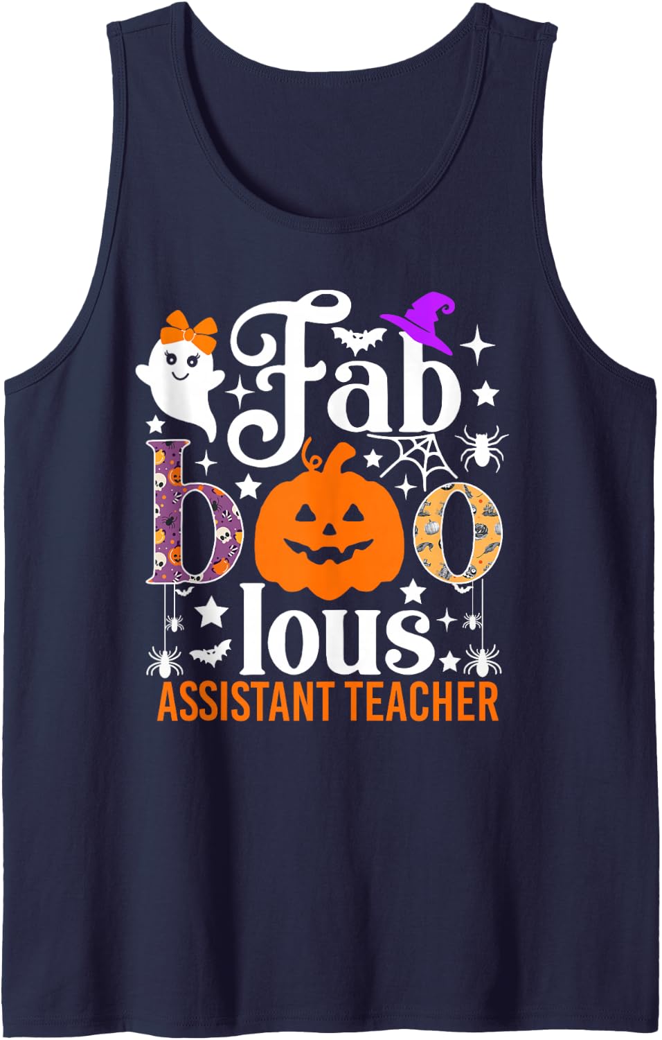 Faboolous Assistant Teacher Funny Pumpkin Halloween Sleeveless Tank Top - Navy Blue