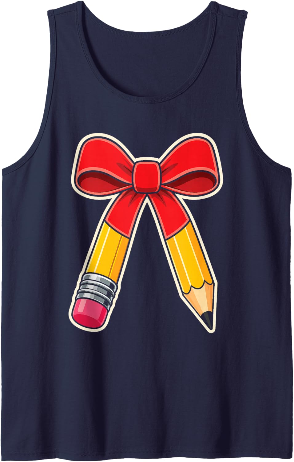 Elementary School Red Ribbon Bow Pencil Classroom Supplies Sleeveless Tank Top - Navy Blue