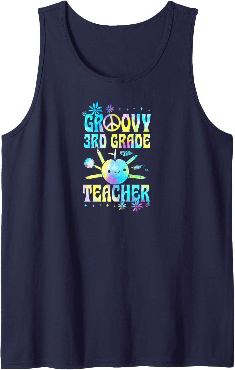 Groovy 3rd Grade Teacher 60s Throwback Day Peace Flower Sleeveless Tank Top - Navy Blue