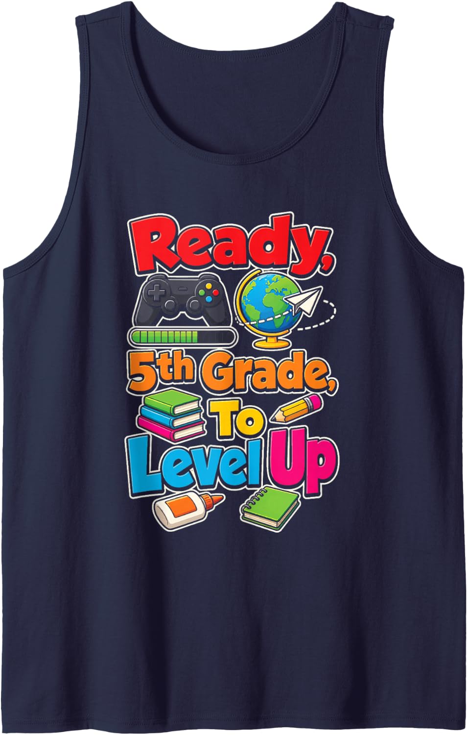5th Grade Ready to Level Up Gamer Back to School First Day Sleeveless Tank Top - Navy Blue