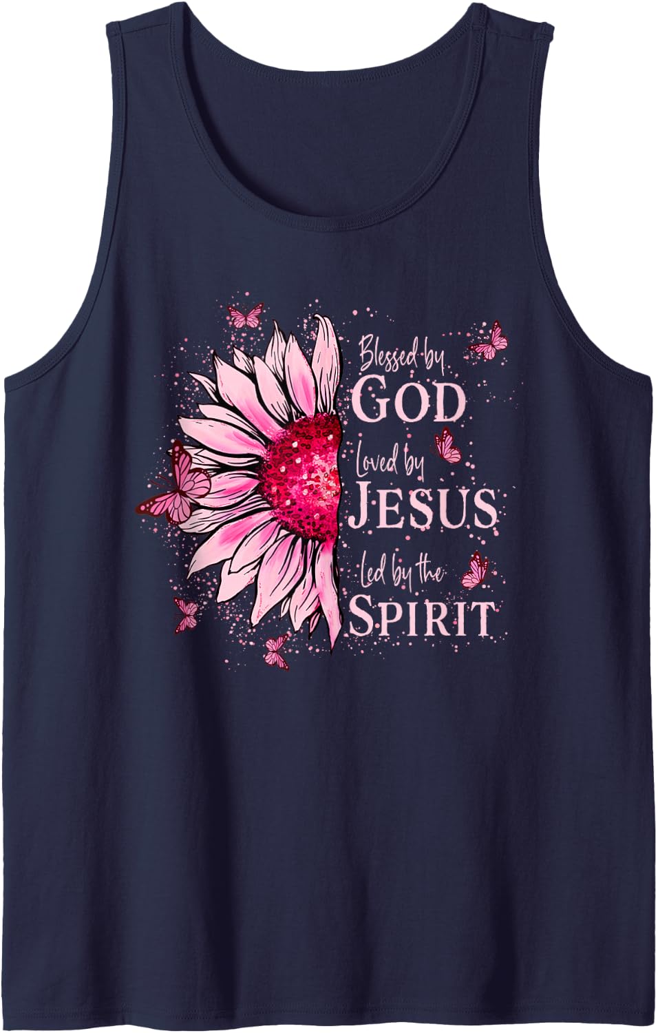 Blessed By God - Loved By Jesus Pink Sunflower Tank Top - Navy Blue