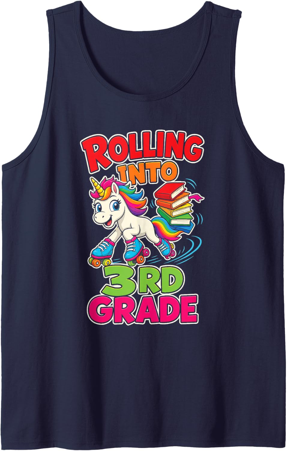 3rd Grade Rolling Into First Day Unicorn Roller Skates Sleeveless Tank Top - Navy Blue