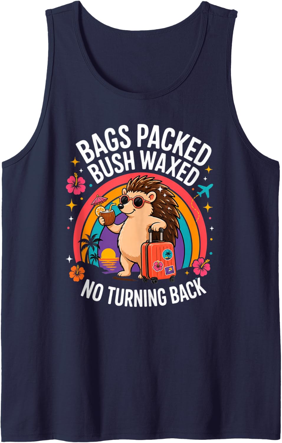 Hedgehog Vacation Bags Packed Bush Waxed Funny Inappropriate Sleeveless Tank Top - Navy Blue