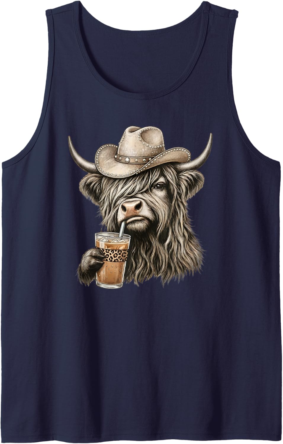 Scottish Highland Cow Iced Coffee Leopard Western Cowgirl Sleeveless Tank Top - Navy Blue
