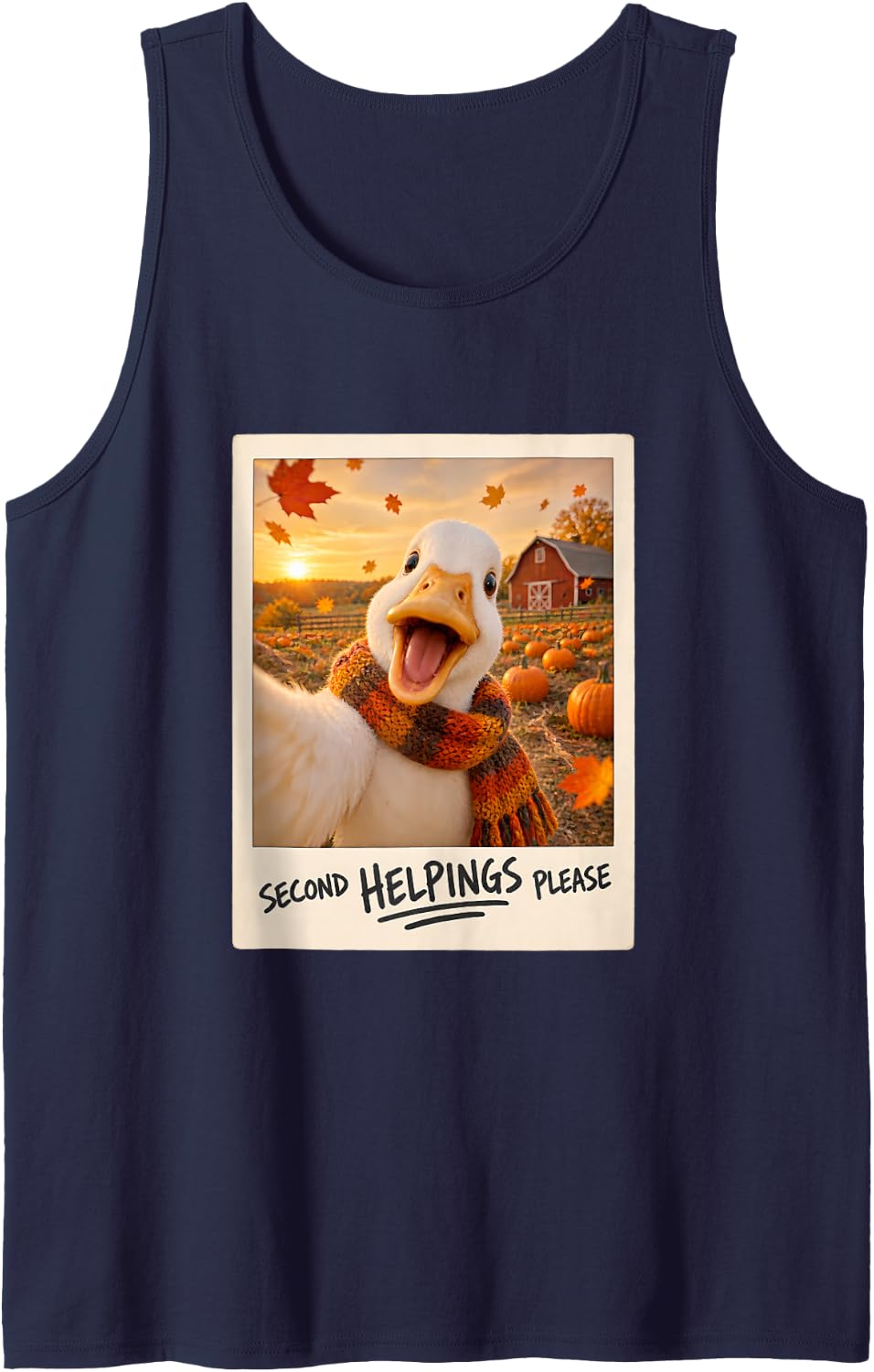 Second Helpings Please White Duck Selfie Thanksgiving Sleeveless Tank Top - Navy Blue