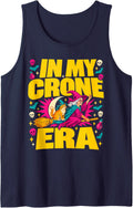 in My Crone Era Funny Witch Broom Orange Cat Mom Sleeveless Tank Top - Navy Blue