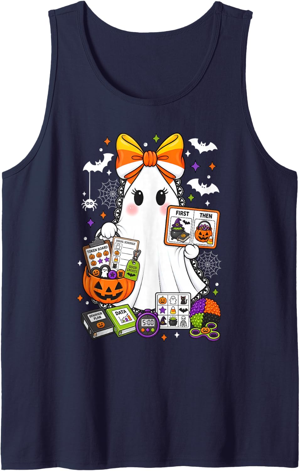 Coquette Cute Ghost Behavior Analyst ABA Therapist Halloween Sleeveless Tank Top - Navy Blue