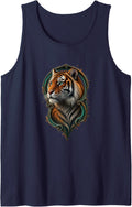 Tiger with Verdigris Arch Striped Big Cat Art Sleeveless Tank Top - Navy Blue