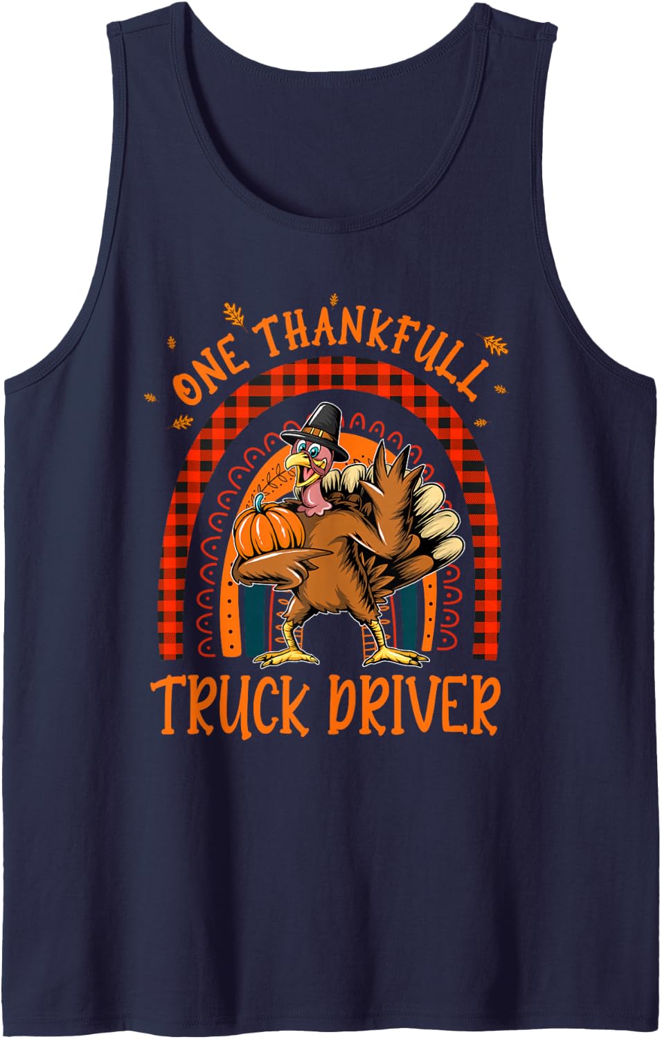 One Thankful Truck Driver Thanksgiving Rainbow Turkey Sleeveless Tank Top - Navy Blue
