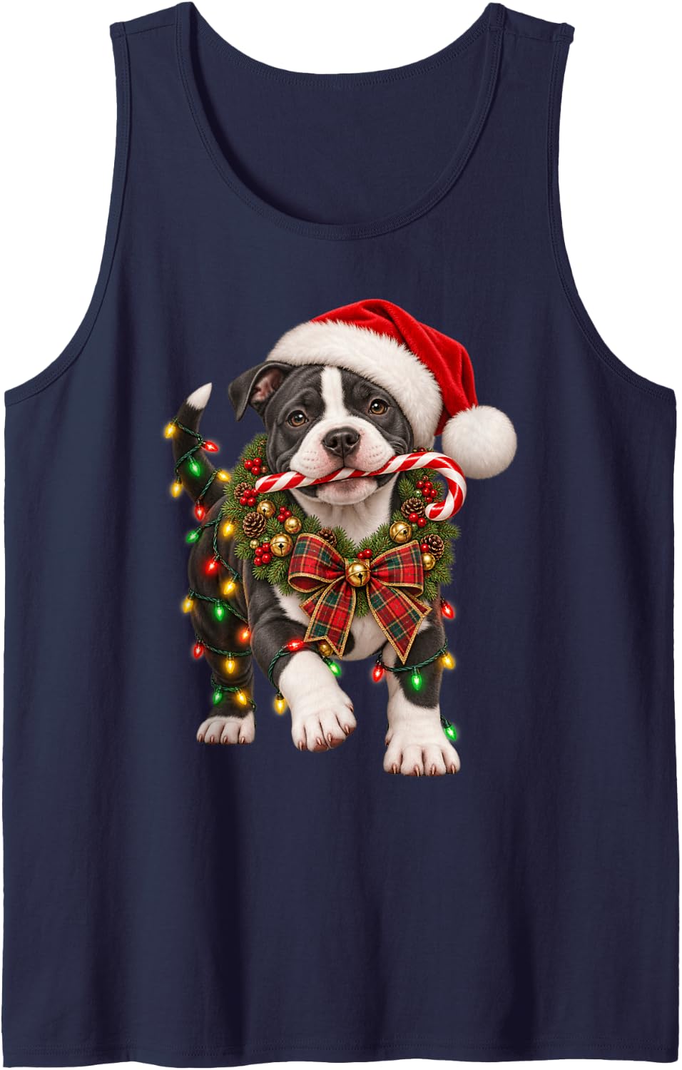 Pitbull Christmas Santa Peppermint Wreath Holiday Puppy Dog Sleeveless Tank Top - Navy Blue