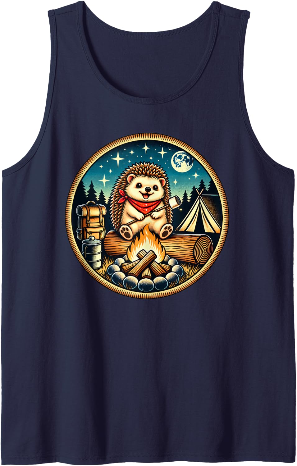Cute Hedgehog Campfire Camping Sleeveless Tank Top - Navy Blue