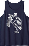 Skeleton Holding Corgi Retro Halloween Dog Sleeveless Tank Top - Navy Blue