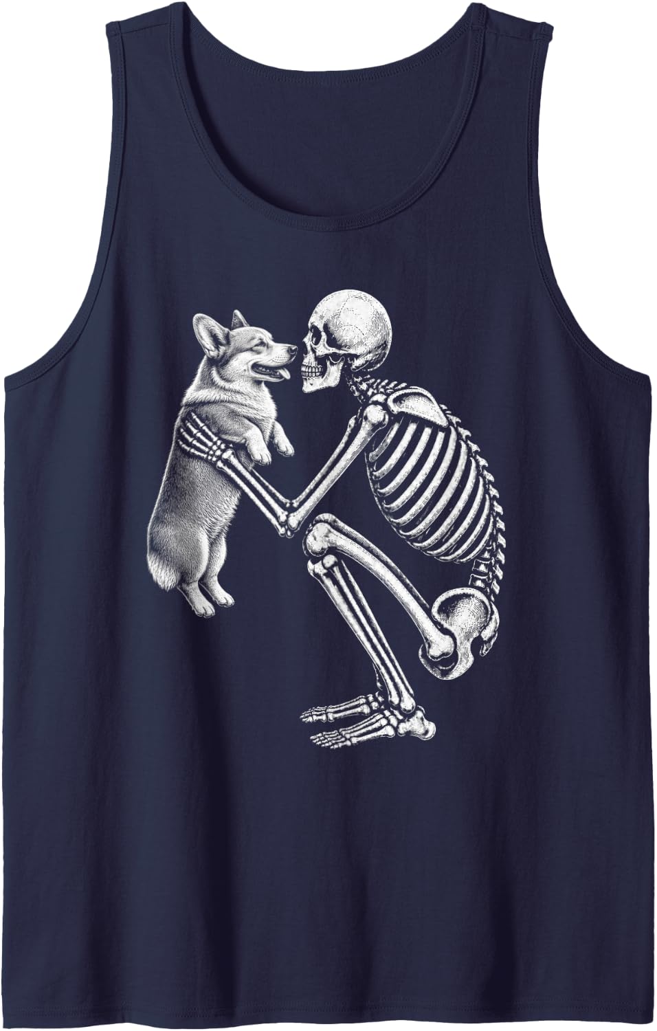 Skeleton Holding Corgi Retro Halloween Dog Sleeveless Tank Top - Navy Blue
